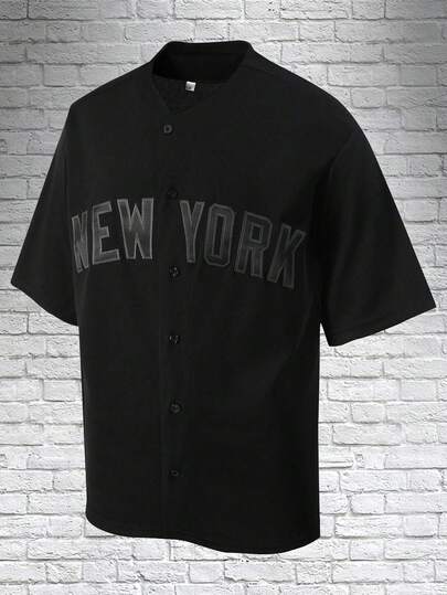 Atonmore 男士2号黑色棒球衫休闲运动衬衫纽扣刺绣训练比赛运动衬衫