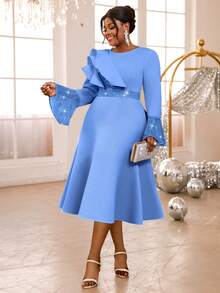 Elegant Plus Size Women's Blue Midi A-Line Dress With Long Flare Sequin Sleeves And Ruffle Detail Round Neck Dress For Wedding,Dinner Party - Màu xanh lam - Xem 7