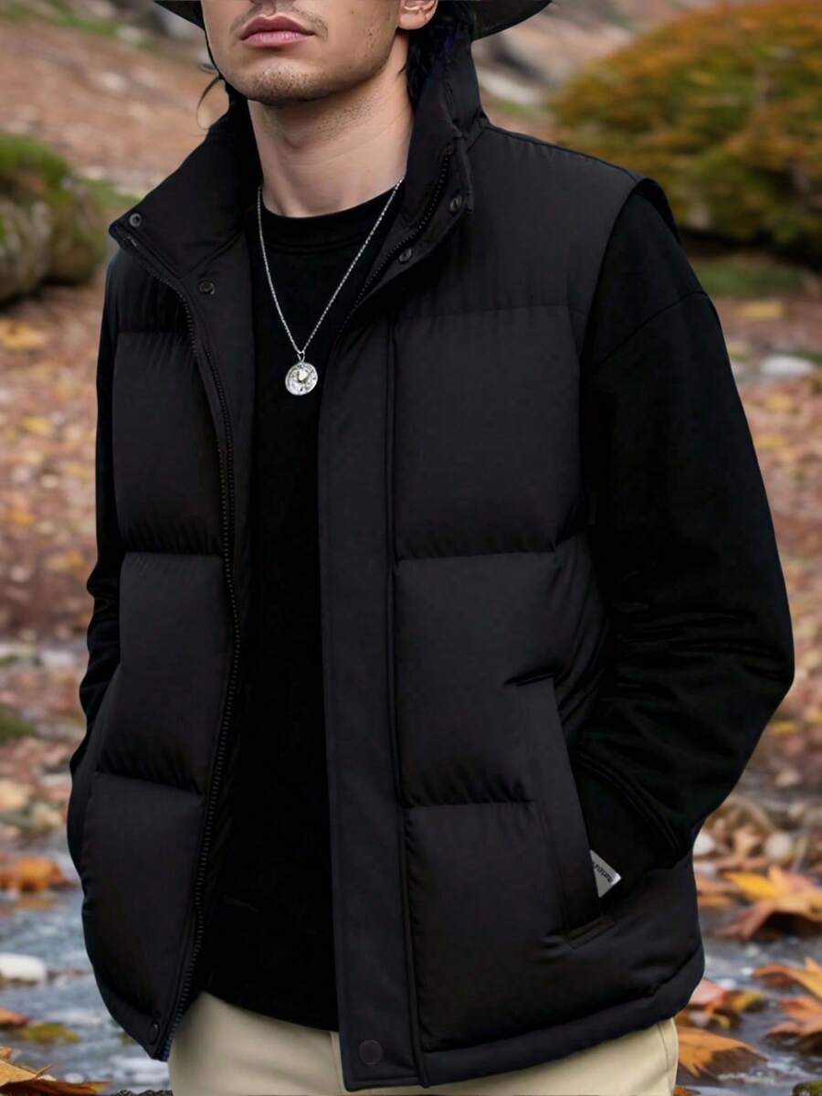 男士冬季棉质加厚背心夹克，户外徒步运动旅行休闲百搭立领背心，秋季 - 黑色 - 查看 1
