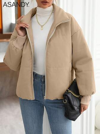 Women's Khaki Stand Collar Short Padded Coat Zip Front Minimalist Casual Style