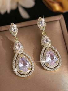 1 Pair Daily Wear CZ Women Wedding Earrings With Water Drop AAA Cubic Zirconia Party Earrings Jewelry - 黃金 - 查看 8