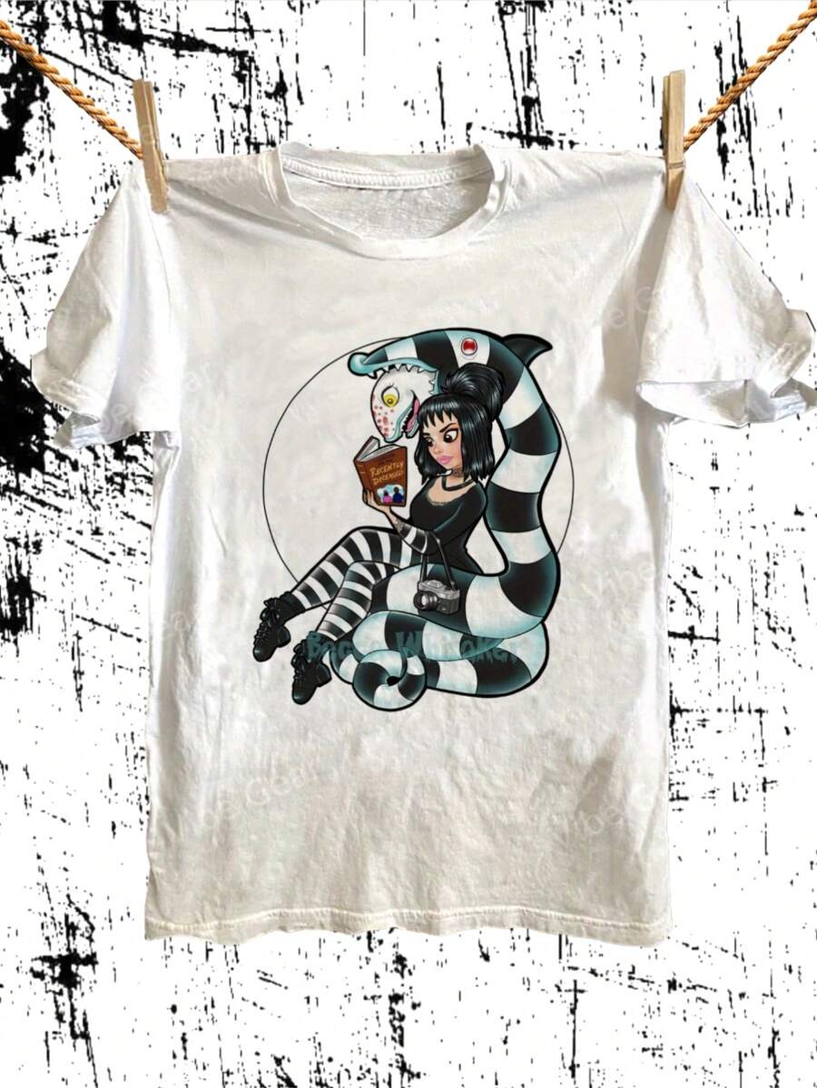 Lydia Deetz & Sandworm Graphic T-Shirt - Casual Short Sleeve Crew Neck Cotton Tee, Soft & Breathable, Perfect Halloween, Cosplay, Or Everyday Wear Gift For Fans - trắng - Xem 1