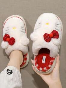 Sanrio Kapcie z motywem kokardki 3D z kotem – gruba, miękka, pluszowa wyściółka, eleganckie kapcie księżniczki do domu/imprezy, ulepszona, cicha, miękka, nienagrzewająca się podeszwa, oddychające, bezzapachowe, nowość zimowa 2025, puszyste kapcie Hello Kitty, kapcie damskie, dla par, różowo-brązowo-czarne