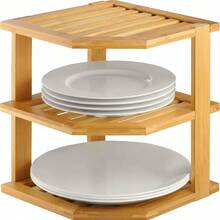 Cabinet Organizer Shelf - Bamboo Corner Rack For Kitchen Counter, Cabinet Space Saver For Plates, Dishes, Bowls, Bread - Pantry And Bathroom Storage Or Countertop - Useful Home & Housewarming Gift - 棕色 - 查看 1