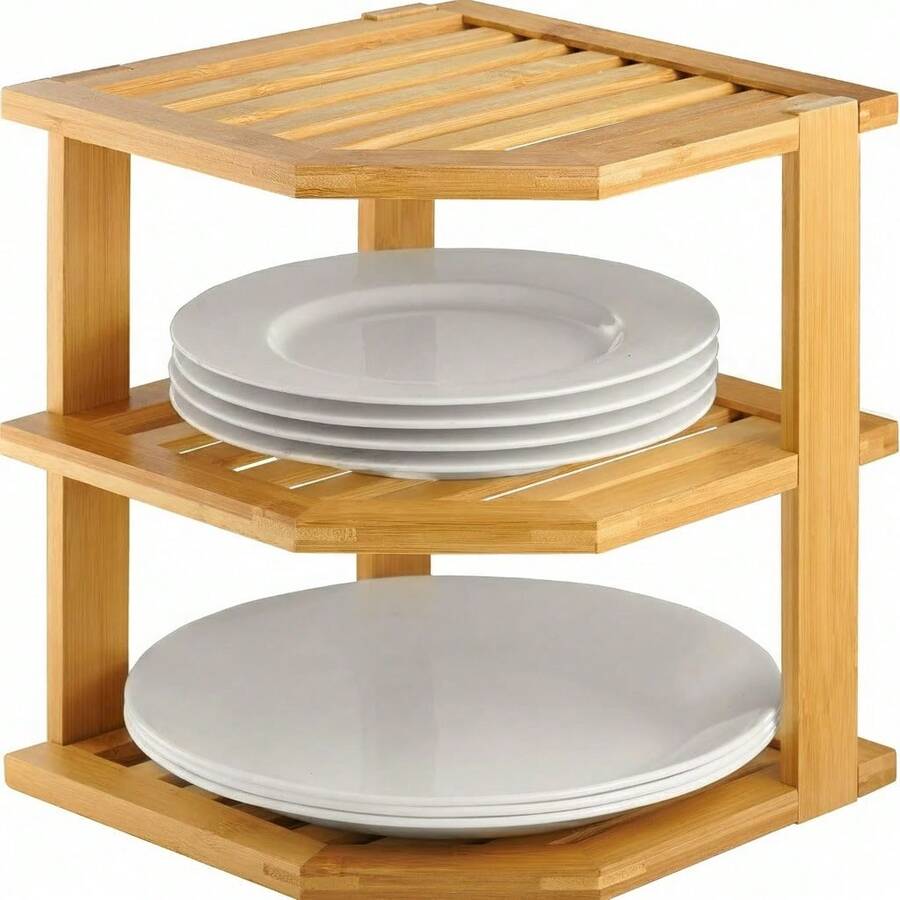 Cabinet Organizer Shelf - Bamboo Corner Rack For Kitchen Counter, Cabinet Space Saver For Plates, Dishes, Bowls, Bread - Pantry And Bathroom Storage Or Countertop - Useful Home & Housewarming Gift - 棕色 - 查看 1