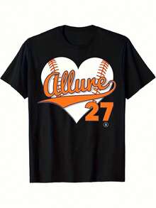 Women'S Black Baseball Heart & Number 27 Graphic T-Shirt - Allure 27 Print Soft Breathable Short Sleeve Crew Neck Casual Tee For Sports Events, Casual Attire & Themed Parties - & Orange Team Spirit Top, Comfortable Round Neck Shirt - 黑色 - 查看 1