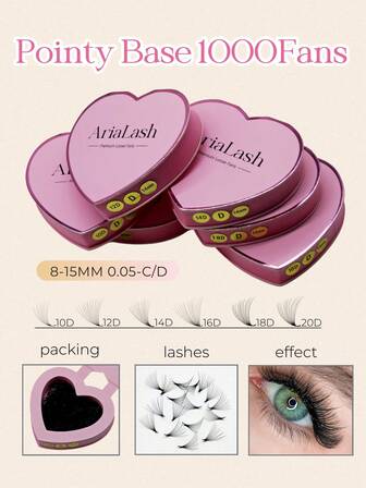 1000 solfjädrar i en låda 10D/12D/14D/16D/18D/20D spetsig bas färdiggjord volymögonfransförlängning 0,05 mm tjocklek 8-15 mm längd - C-lock - naturlig och mjuk - handympade lösögonfransar för professionellt bruk