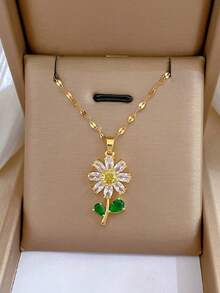 1 件不锈钢项链，带绿叶和花朵吊坠，简约水钻耳环和项链套装，不包括情人节礼品盒 - 金色 - 查看 7