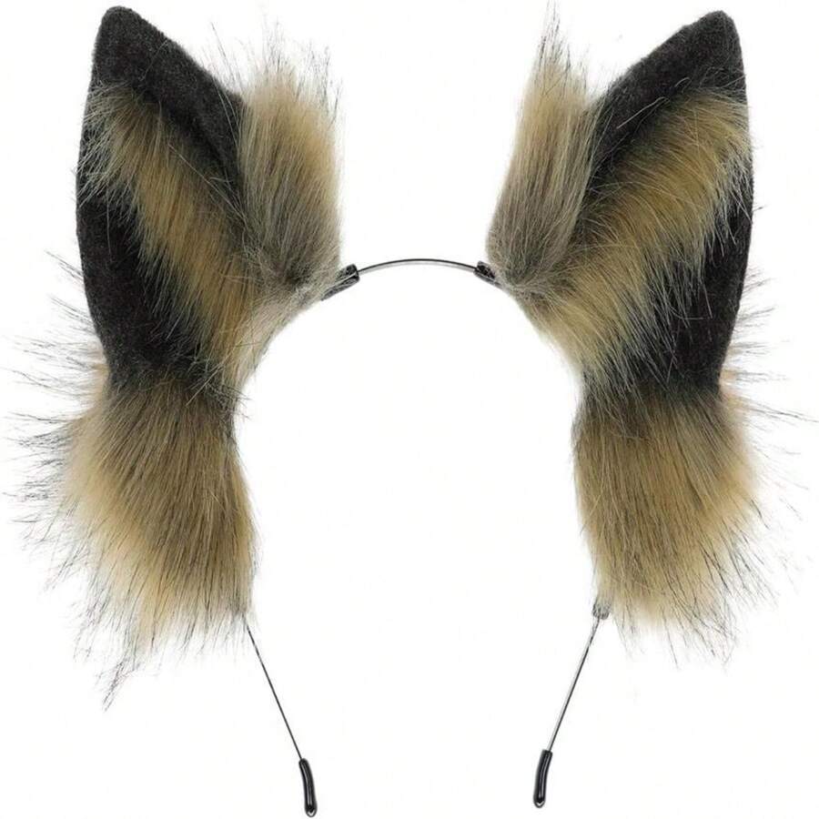 Dodheah Wolf Ears Headband - Realistic Fox Cat Ears With Golden Hair Texture, Adjustable Headband For Cosplay, Halloween, Christmas - 黑色 灰色 - 查看 1
