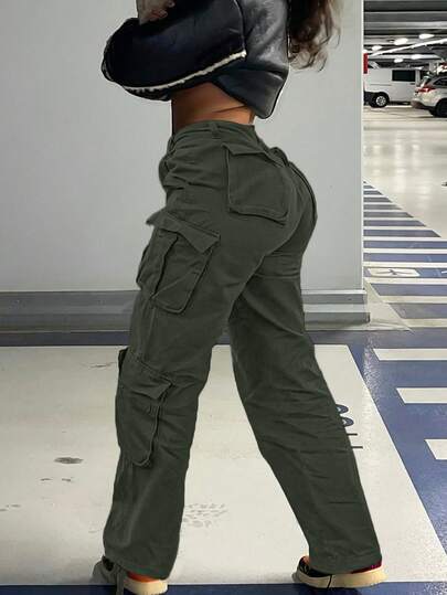 GILIPUR New Olive Green Casual Elegant Cargo Pants, Stretchy Multi-Pocket Design, Y2K Style Solid Color Loose Pants, Street Style For Autumn, Retro Fashion, Suitable For New Year, Valentine's Day, Spring Festival And Other Holidays Outings, Suitable For Spring, Summer, Autumn And Winter, Refined Casual, Ideal Choice For Formal Banquets, Casual Dinners And Concerts.