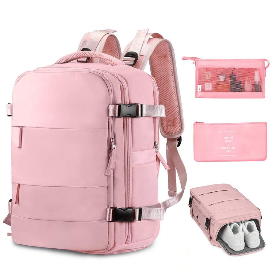 Travel Backpacks Carry On Backpack Work Backpack,Large Capacity With Shoe Compartment & Organizer Pouches,For School,Outdoor,Travel,Office,Sports - 粉色 - 查看 1