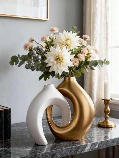 Set de 2 jarrones de tono dual blanco/dorado/blanco, jarrones decorativos, decoración del hogar, estilo nórdico minimalista bohemio, adecuado para sala de estar, estantería, mesa de comedor, dormitorio, chimenea, porche, y también un gran regalo para días festivos