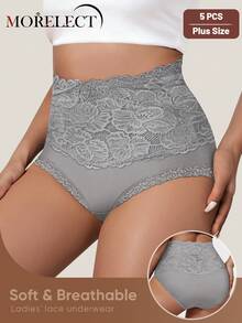 Morelect 5pcs/Pack Plus Size Women High Waist Tummy Control Cotton Panties, Lace Patchwork, Full Coverage, Jacquard Pattern - Multicolor - View 4