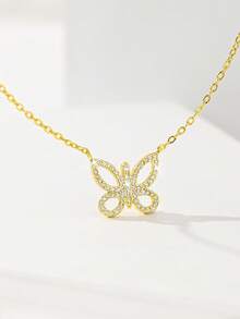 1pc Luxury Fashion Elegant Copper Inlaid Butterfly Zirconia Pendant Necklace, Suitable As Gift For Family/Friends, Multipurpose, Lightweight Luxury, Party, Banquet, Holiday - Yellow Gold - View 2