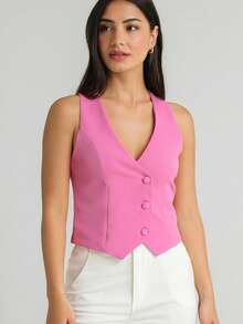 Women's Short Lined Tailored Vest With Buttons, Formal, V-Neck - Light Pink - View 3