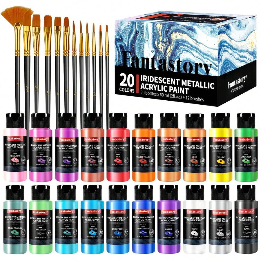 Fantastory Easter Acrylic Paint Set Metallic, 60 Ml, 20 Colors Iridescent, 12 Brushes, Waterproof, Fade-Resistant, Water-Based Acrylic Paint (Conforms To ASTM D-4236) For Canvas, Wood, Models, Artists, Professionals, Beginners - Mảnh duy nhất - Xem 1