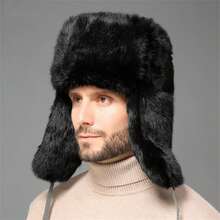 Men Earflap Trapper Hat Winter Fluffy Russian Ushanka Cap With Faux Rabbit Fur Earflap Hats Windproof For Hunting Skiing Caps - Black - View 1