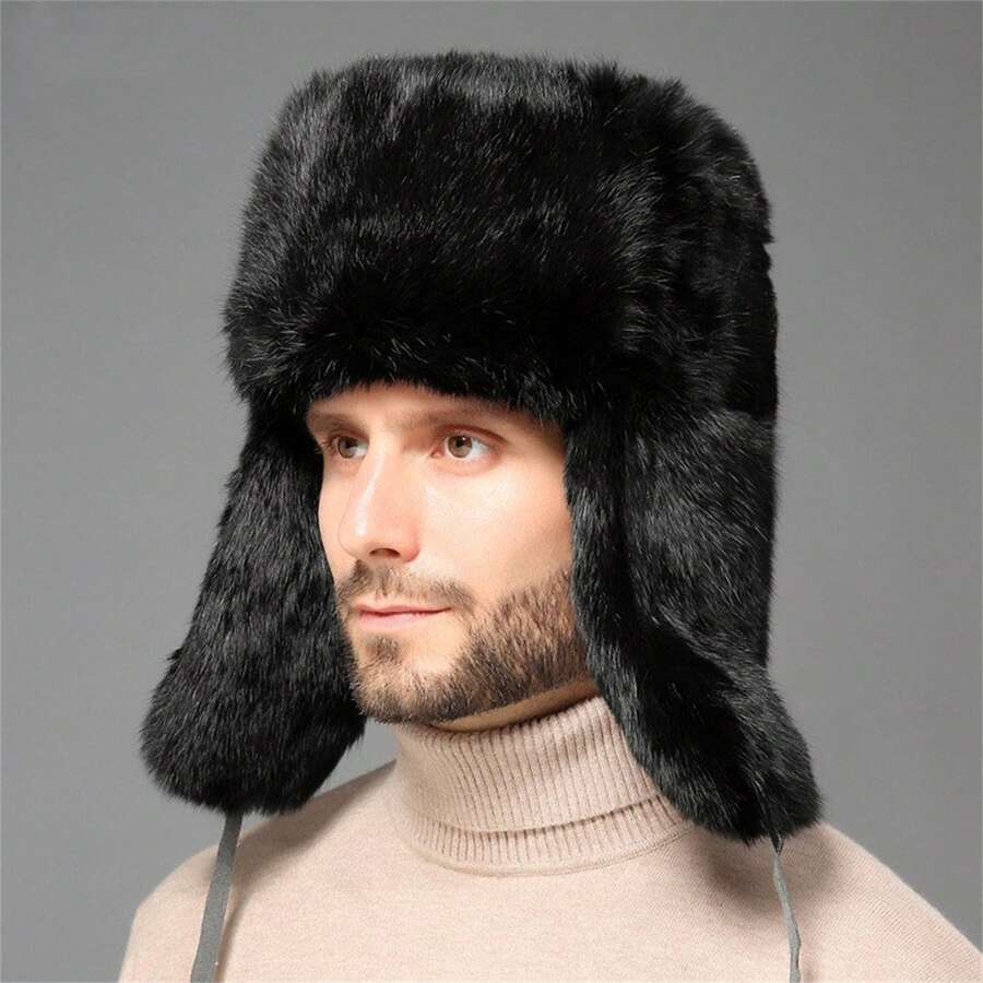 Men Earflap Trapper Hat Winter Fluffy Russian Ushanka Cap With Faux Rabbit Fur Earflap Hats Windproof For Hunting Skiing Caps - Black - View 1