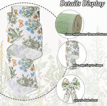 Green Wildflowers Wired Edge Ribbon Retro Wild Floral Craft Ribbon Spring Fabric Ribbon For Suer Mother's Day Wreath Bow Making DIY Wrapping Party Dr Supplies, 2 Rolls, 20 Yard,23939727 - 香檳色 - 查看 5