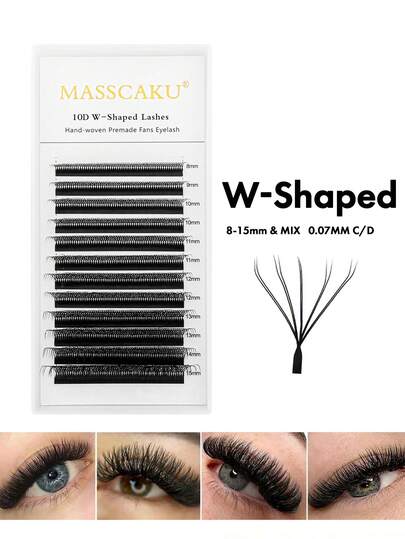 12 خط 10D بشكل W امتدادات رموش C D مجعد سمك 0.07 مم طول مختلط 8-15 مم مجموعات رموش مجعدة مسبقًا بطريقة اليد نمط W سهل الفرد رموش طبيعية عالية الجودة من مادة PBT الكورية ناعمة لامعة سميكة أسود ماط مناسبة للفنانين المبتدئين