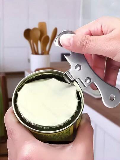 1 件不锈钢多功能开罐器，带符合人体工程学的手柄 - 耐用的厨房工具，易于打开罐头和罐子，紧凑便携的设计，是家庭厨师和户外爱好者的理想礼物，光滑的金属表面，坚固的结构