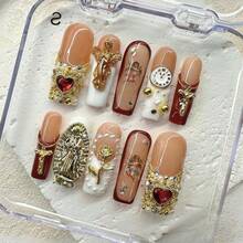 NailLuxe 10 PCS Handmade Long Press - On Nails | Brown - Toned Angel Pearl Long Nails With Acrylic Exquisite Details, Angel & Pearl Embellishments & Elegant Styles - 金色 - 查看 8