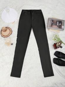High Waist Button Slant Pocket PU Leather Elastic Skinny Pants, Casual Pants For Music Festival & Party - Black - View 5