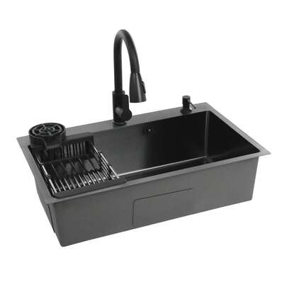 CNCEST Kitchen Sink, Black Stainless Steel Sink, Kitchen Stainless Steel Sink With Pull-Out Faucet For Homes, Restaurants, Basements, Bars, Kitchens, 28.35*17.72*7.87in