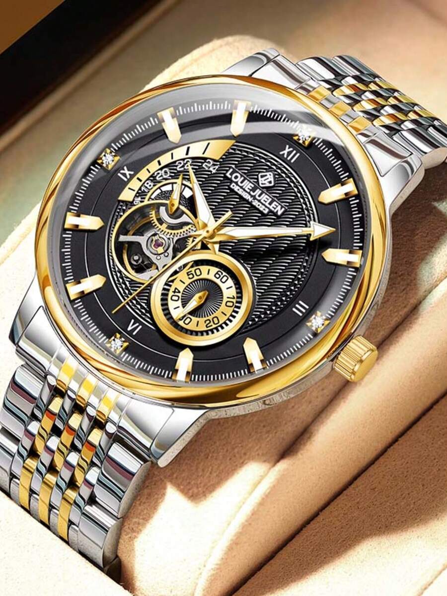 多功能男士手表，夜光自动机械表，适合作为礼物送给家人和朋友 - 黑色 - 查看 1