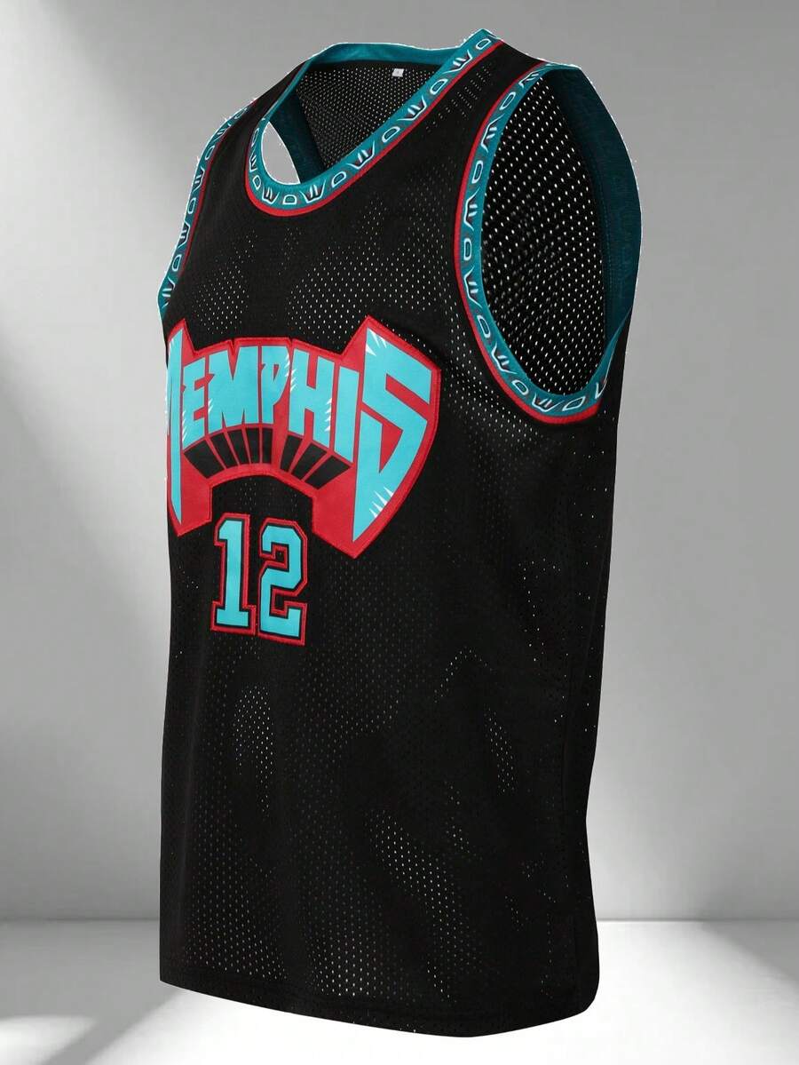 Men's Embroidered Basketball Jersey 12 Black Casual Sleeveless Vest V-Neck T-Shirt Party Sports Top - Black - View 1