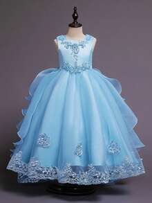 Flower Girl Dress Princess Puffy Tulle Dresses Bridesmaid Wedding Birthday Party Pageant Maxi Prom Gown For Kids - Màu xanh nhạt - Xem 10
