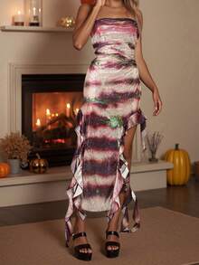 Women's Y2k Strapless Sequin Maxi Dress Tie Dye Print Off Shoulder Slim Tube Dress High Slit Ruffled Dress For Party Night Out Club Outfits - 彩色 - 查看 4