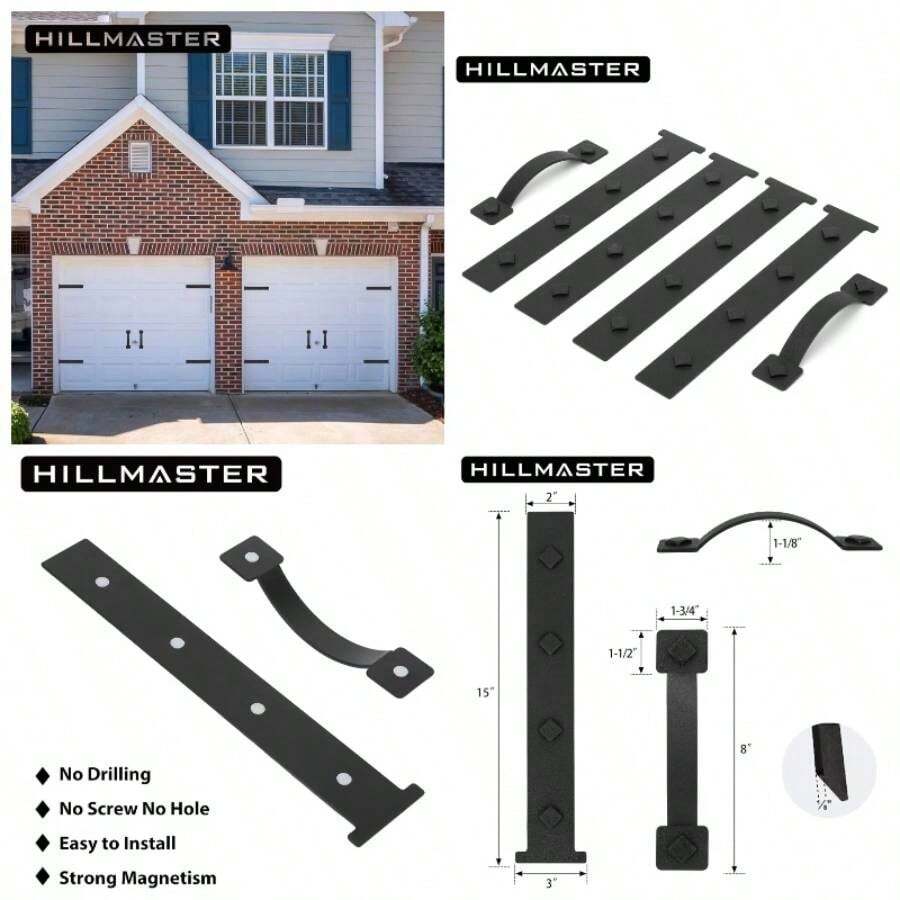 Garage Door Magnetic Decorative Hardware, 6 Pieces Rectangle Garage Door Magnets Accents Curb Appeal Faux Hinges And Handles Garage Door Decor Hardware Kit, Black4 Hinges+2 Handles - 單車位車庫門 - 查看 1