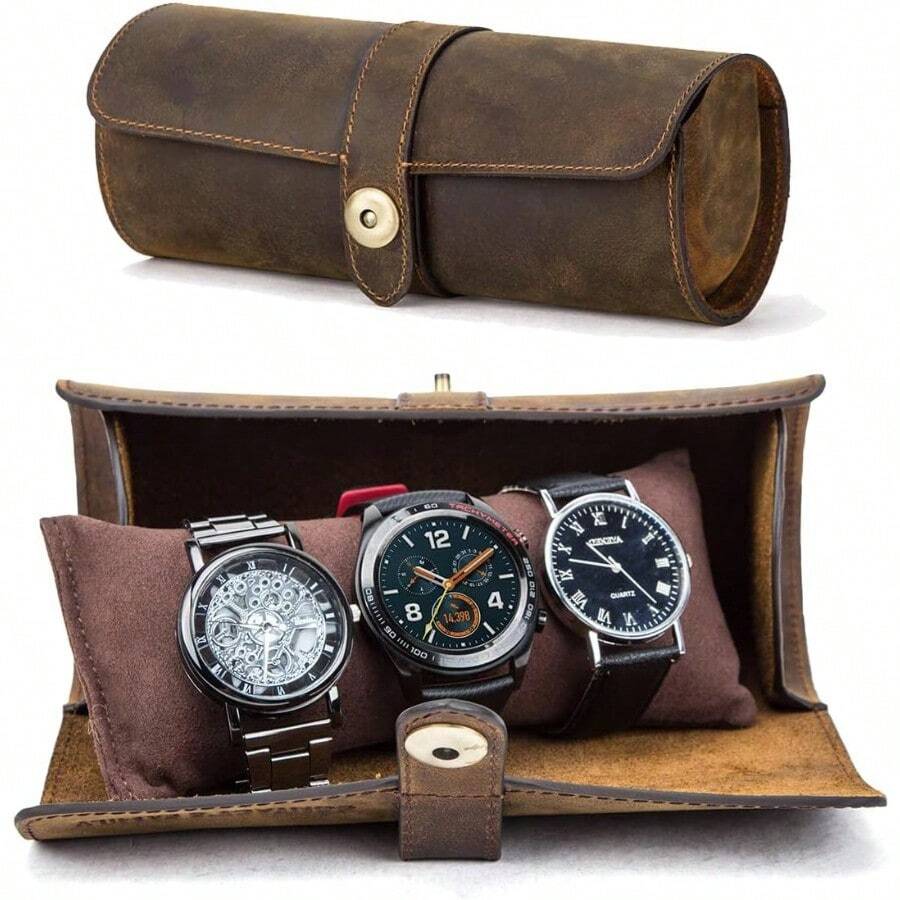 Contacts Crazy Horse Leather Travel Watch Case Roll For 3 Watch Organizer Vintage Watches Roll For Watches And Bracelets Coffee