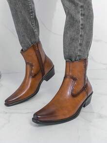 Men's Pointed Toe Chelsea Boots, Vintage British Style Gentleman Rivet Decor Motorcycle Boots, Distressed Retro Boots - Brown - View 4