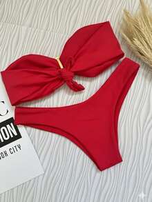 Red Strapless Bikini Top With Buckle, With Removable Padding, Elegant, Casual, Ring Knot, Summer - Rojo - Ver 2