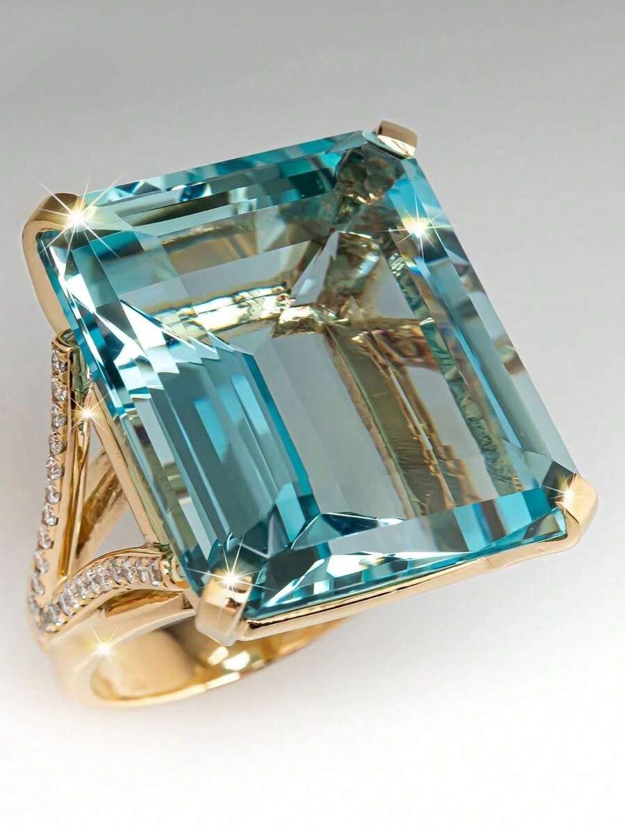 1PC Luxury Blue Cubic Zirconia Rings For Women, Golden Tone Rectangular Cut Gemstone With Curved Pavé Band - Perfect Year-Round Anniversary Gift - Blue - View 1