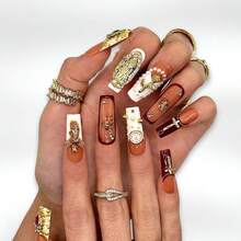 NailLuxe 10 PCS Handmade Long Press - On Nails | Brown - Toned Angel Pearl Long Nails With Acrylic Exquisite Details, Angel & Pearl Embellishments & Elegant Styles - 金色 - 查看 2
