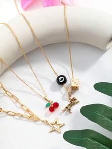 Un conjunto de tres diseños de moda y atmosféricos con un colgante de estrella hueca de tres capas con forma de animal octagonal de cereza para el collar de mujer - Multicolor - Ver 3