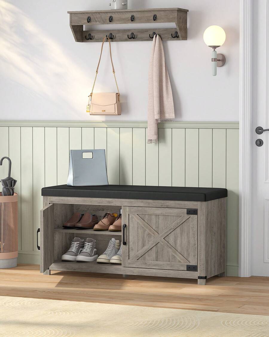 HaluPeit Farmhouse Shoe Storage Bench, 2 Tier Shoe Bench With Padded Seat Cushion & 2 Barn Doors, Entryway Bench With Adjustable Shelf, Shoe Cabinet For Living Room, Bedroom,Greige - Ngà voi - Xem 1