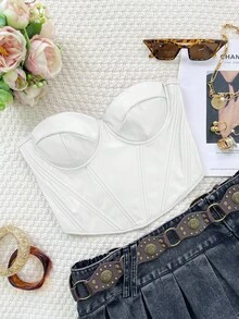 Y2K Solid Color Steel Bone Lace-Up Backless Cropped Bustier Top, Elegant Sexy Wear For Music Festivals, Weddings And Other Occasions White - White - View 5