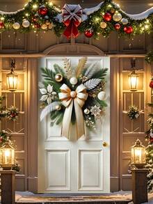 1 peça elegante guirlanda de porta de Natal de poliéster, 35x70 polegadas, decoração festiva para pendurar na varanda para sala de festas e festas, bandeira de porta de estilo artístico para exibição na entrada - Multicolorido - Ver 9