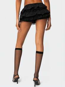 Women Lace Trim Ruffle Hem Micro Mini Skirts Elastic Low Waist Y2k Lace Layered Short Skirts Ruched A-Line Cute Tiered Ruffle Skirts Halloween/Christmas Costumes - 黑色 - 查看 3