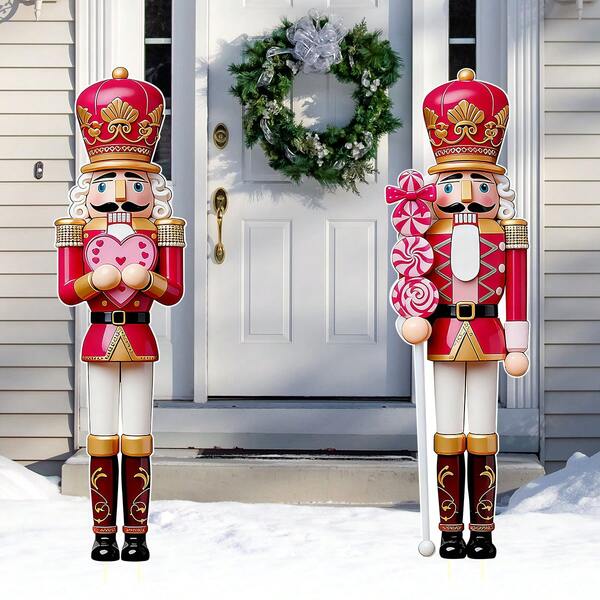 2 Peças Decoração Externa de Quebra-Nozes de Impressão Plana 2D - Placas de Jardim de Quebra-Nozes de Natal, Quebra-Nozes de 29,5 polegadas segurando coração rosa e bastão de doces para jardim, quintal, pátio, gramado e suprimentos para festa de Natal externa