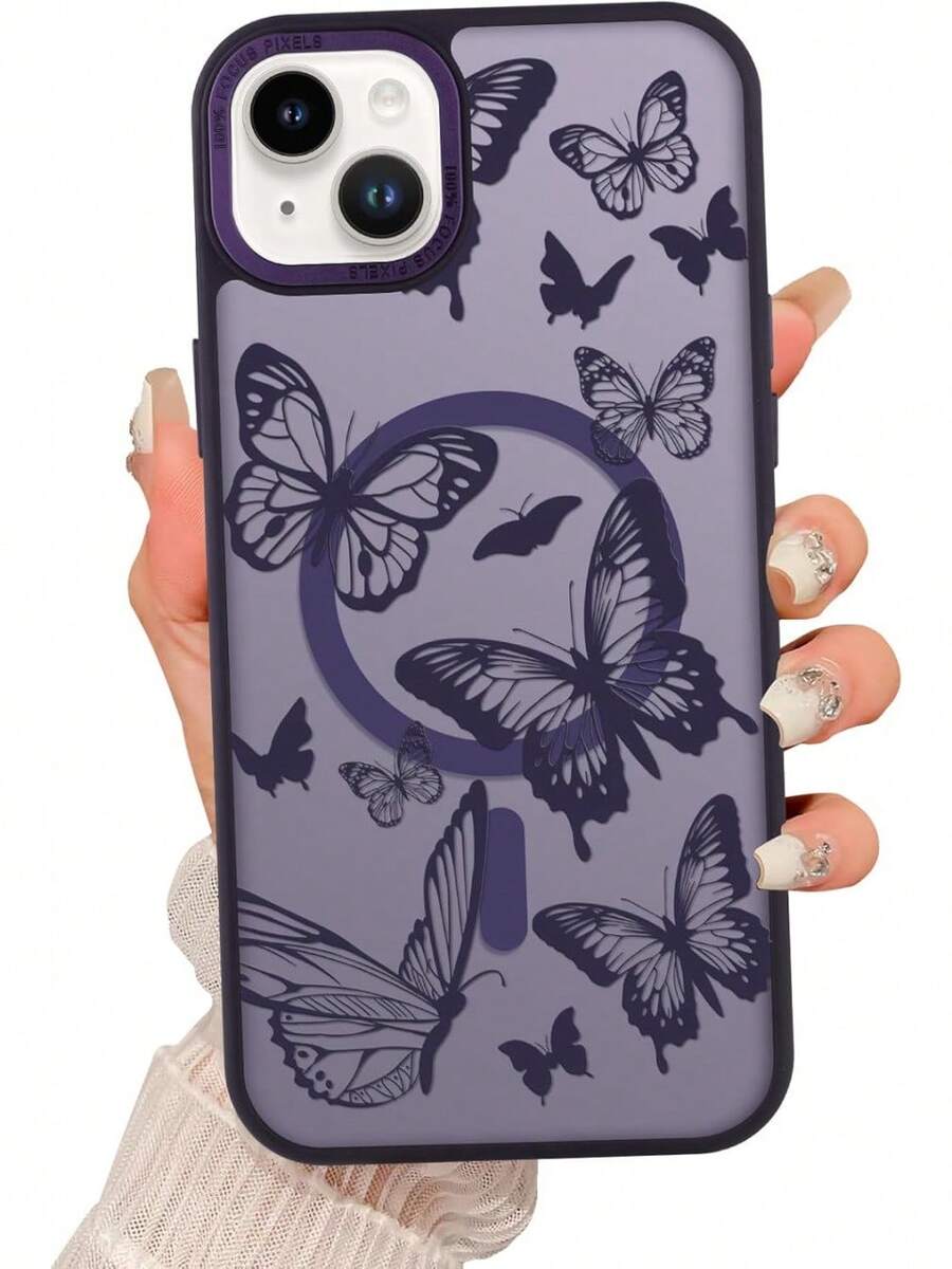 Magnetic For IPhone 15 Case [Compatible With MagSafe] Cute Cool Butterfly Print Pattern Design, Slim Bumper Transluct Matte Protective Case Cover For Wom Girls, Dark Purple2025.1apple006 - Black Butterfly - View 1