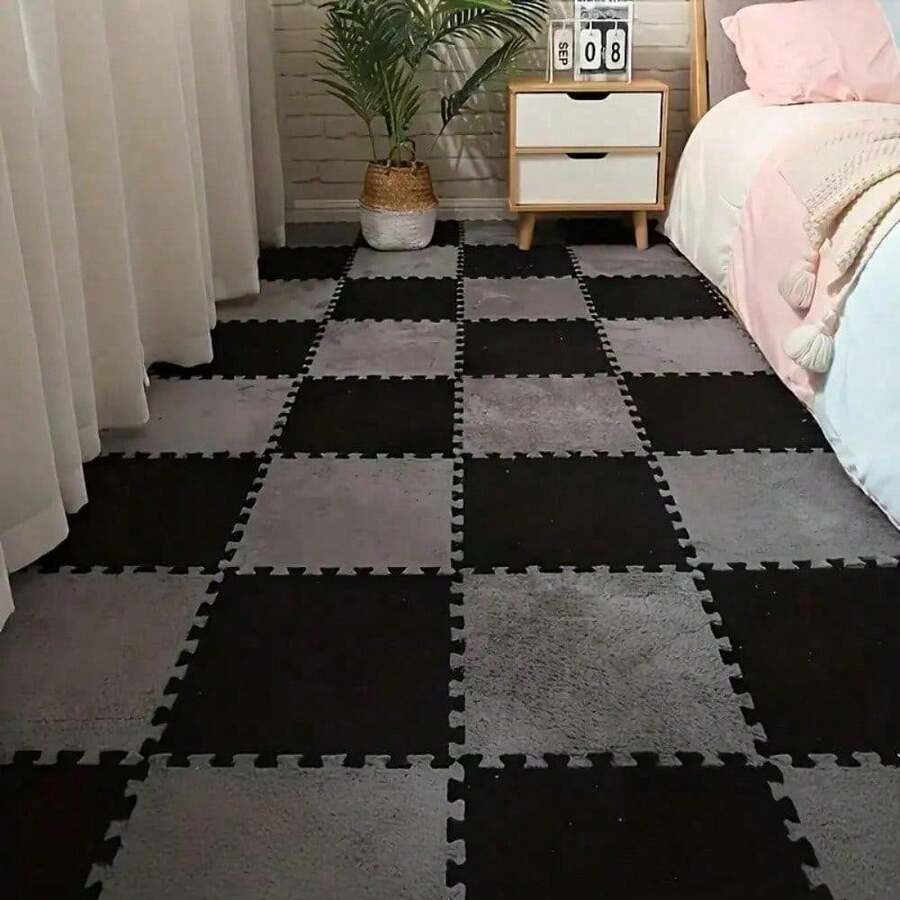 44 Pieces, Carpet Square Puzzle Floor Mats, Plush Interlocking Carpet Tiles, Non-Slip EVA Foam Puzzle Floor Tiles, Building A Area For The Bedroom Game Room, Wall Stickers, Wall Decor 3D Wall Panels, Wall Stickers - 黑灰色 - 查看 1