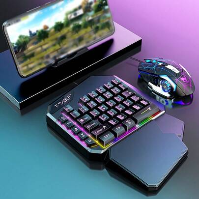 Single-Handed Keyboard And Gaming Mouse Combo, Compatible With Android, Featuring 35 Game-Specific Keys, RGB Lighting, Membrane Keyboard, Ergonomic Design, Auto-Press Function, Durable Comfort, Compact Left-Handed Mouse Set, Perfect For Valentine's Day And Halloween Gifts.