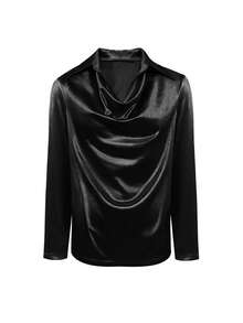 Áo sơ mi cổ chữ V bằng vải satin thanh lịch - Áo cánh dài tay thời trang dành cho nữ, phù hợp cho phong cách công sở giản dị và tinh tế Áo sơ mi vải lụa mùa thu - màu đen - Xem 2