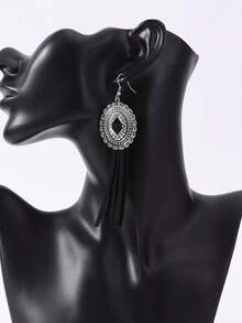 Scallop Trim Oval & Tassel Drop Earrings - Bạc cổ - Xem 3