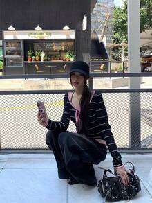 Vintage Long Sleeve Striped T-Shirt, Fitted Women Top For Spring Summer Black - Black - View 6